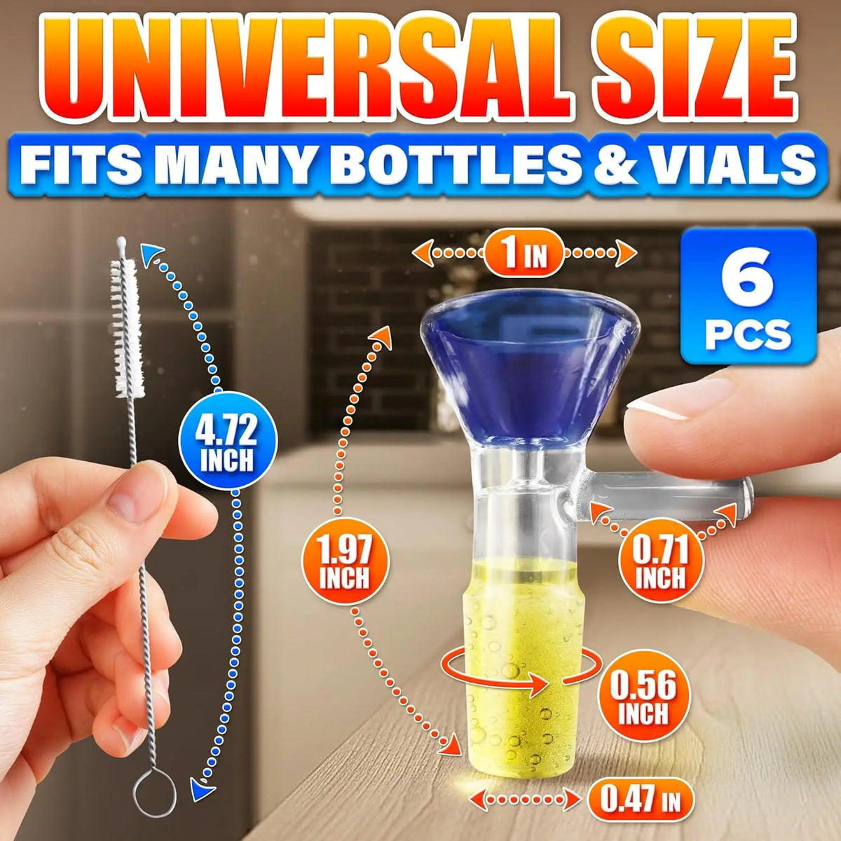 6-Pack 14mm Glass Funnels with Colored Tops, Ergonomic Handle, Easy Pour, Thick Glass, 2 Brushes