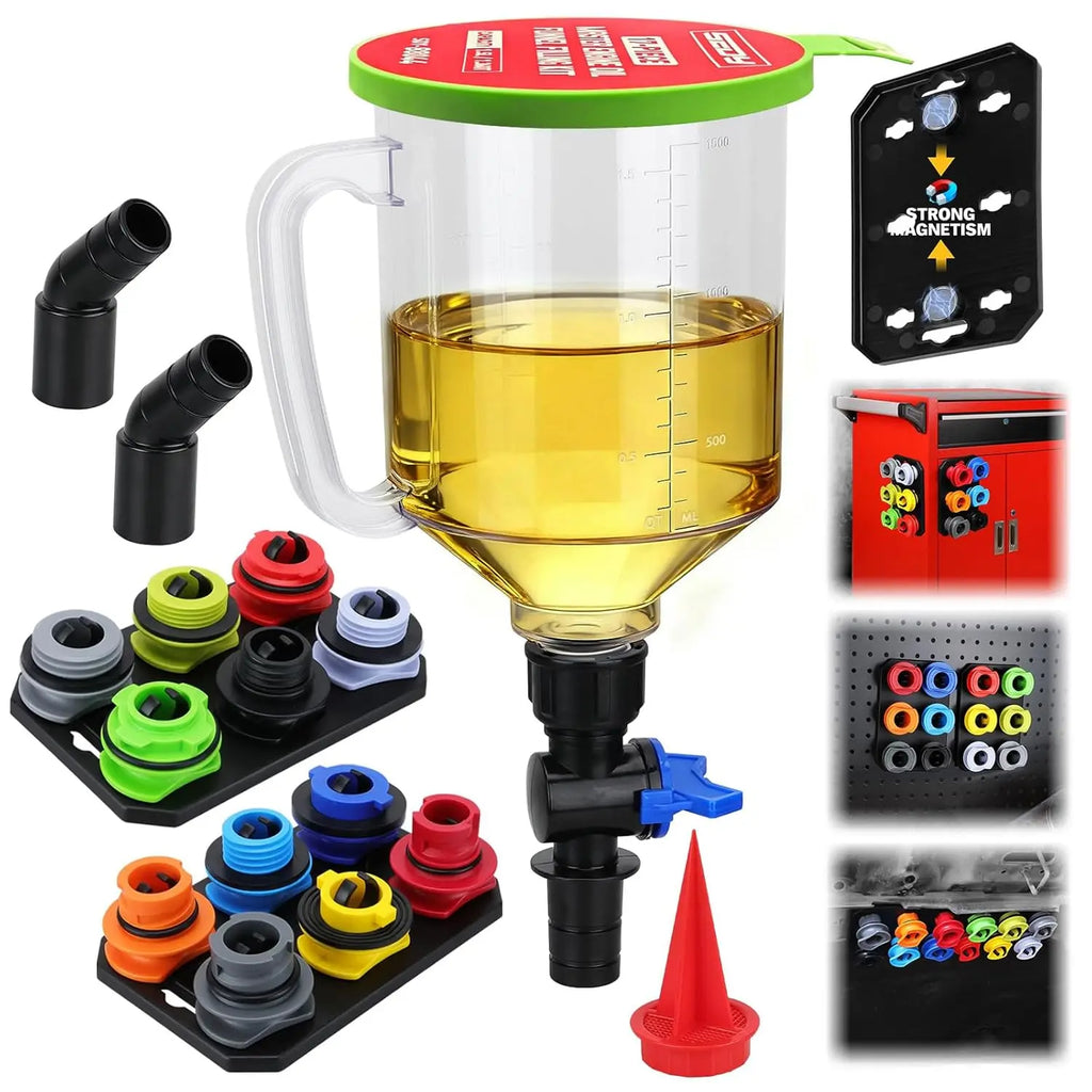 18pc Oil Funnel Kit 1.5L with 12 Adapters, Magnetic Tray, No-Spill Design for Most Cars