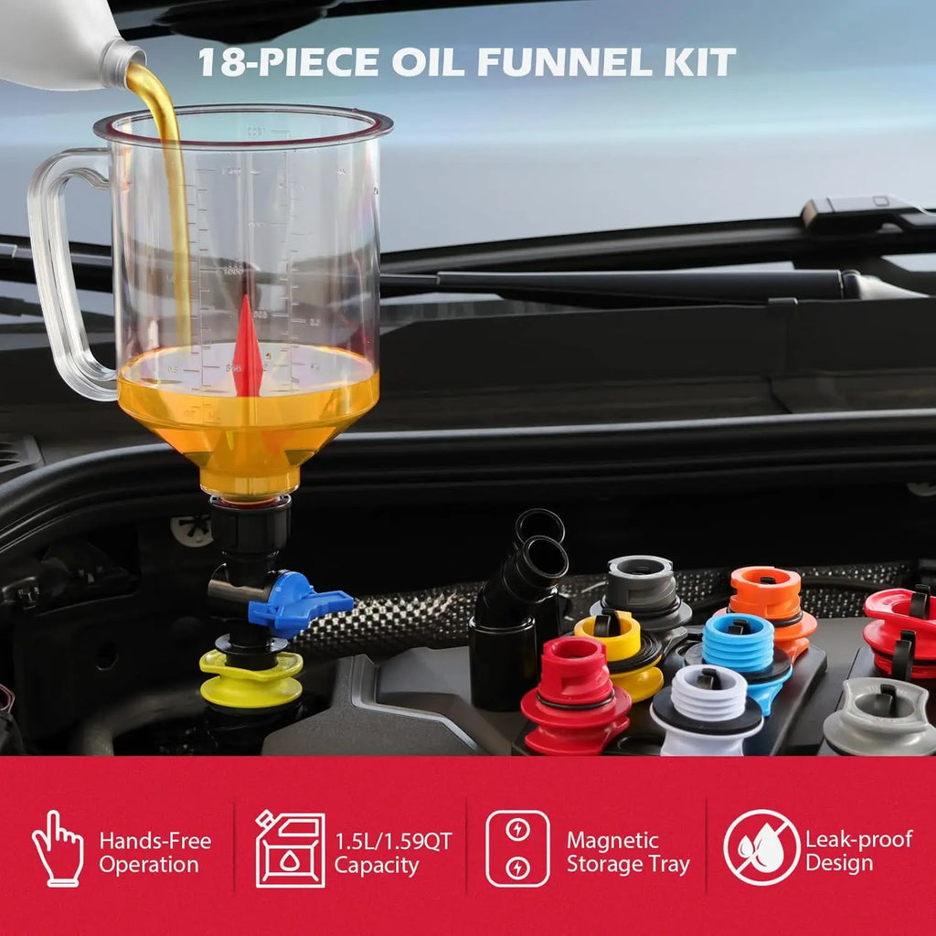 18pc Oil Funnel Kit 1.5L with 12 Adapters, Magnetic Tray, No-Spill Design for Most Cars