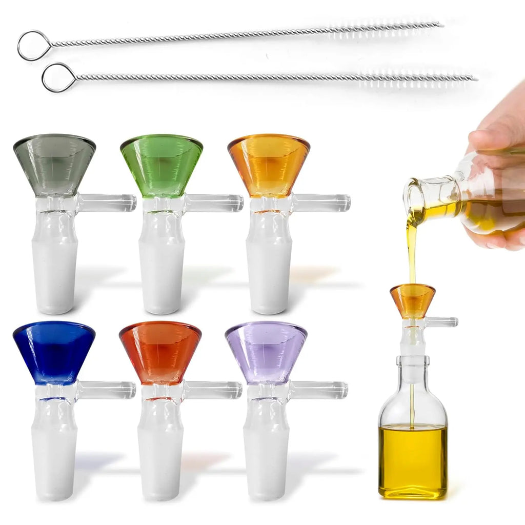 6-Pack 14mm Glass Funnels with Colored Tops, Ergonomic Handle, Easy Pour, Thick Glass, 2 Brushes