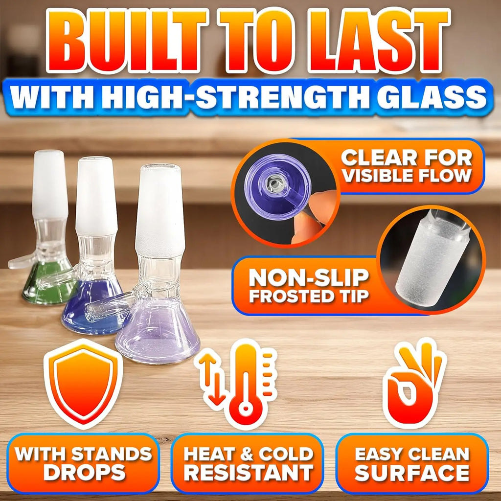 6-Pack 14mm Glass Funnels with Colored Tops, Ergonomic Handle, Easy Pour, Thick Glass, 2 Brushes